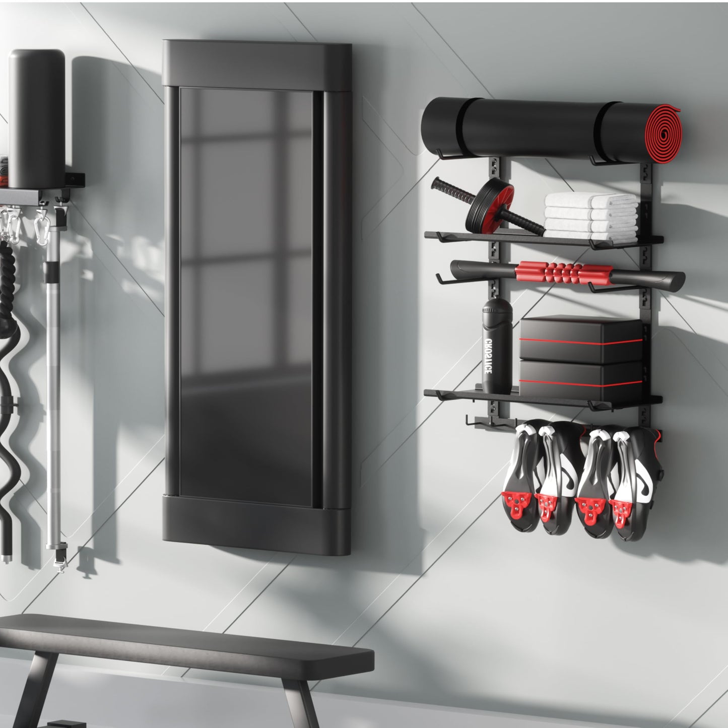 Home Gym Storage Shelf Only, Adjustable Gym Equipment Organizer Wall Mounted with 2 Boards, Yoga Mat Holder, Storage Rack Compatible with Peloton Shoes & Mat, Shelf for Home Training Accessories