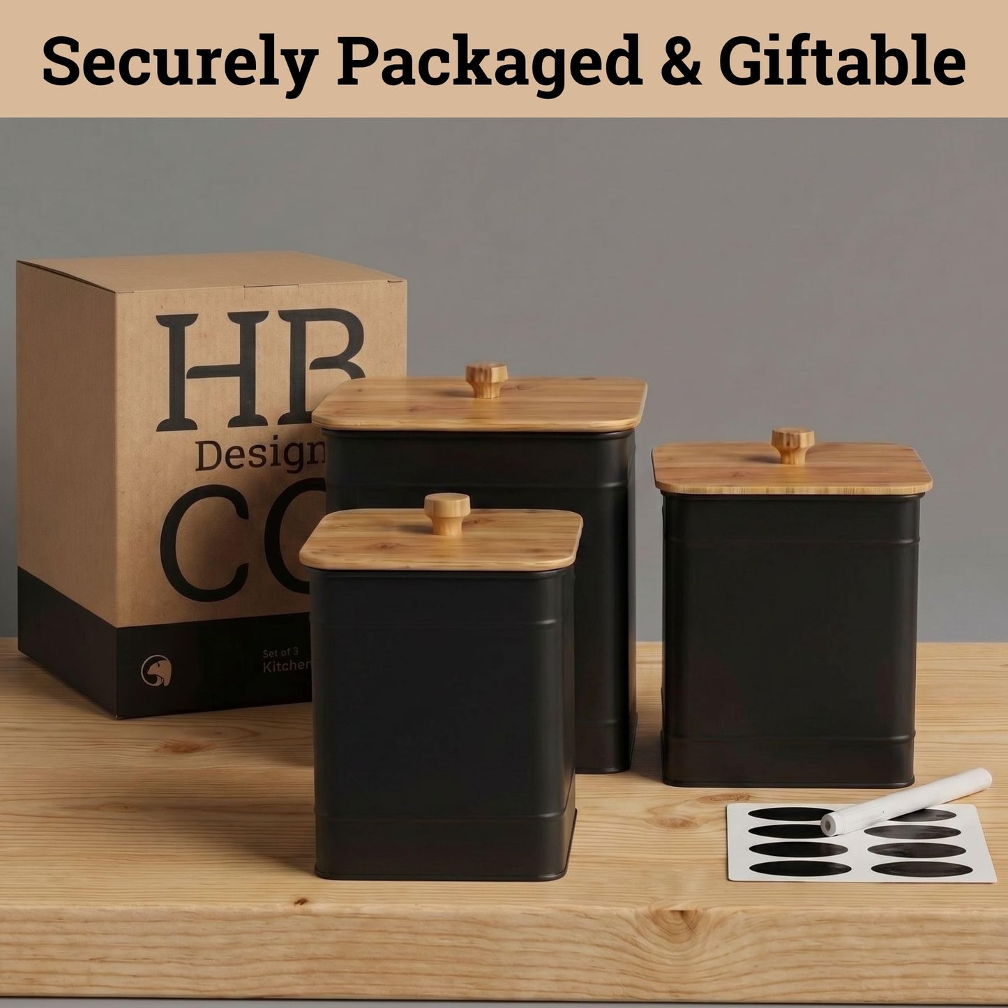 Kitchen Canisters for Countertop Set of 3 with Customizable Chalkboard Labels & Marker Pen - Big Iron Kitchen Canisters with Airtight Lids - Black Canister Set - Flour and Sugar Containers Farmhouse