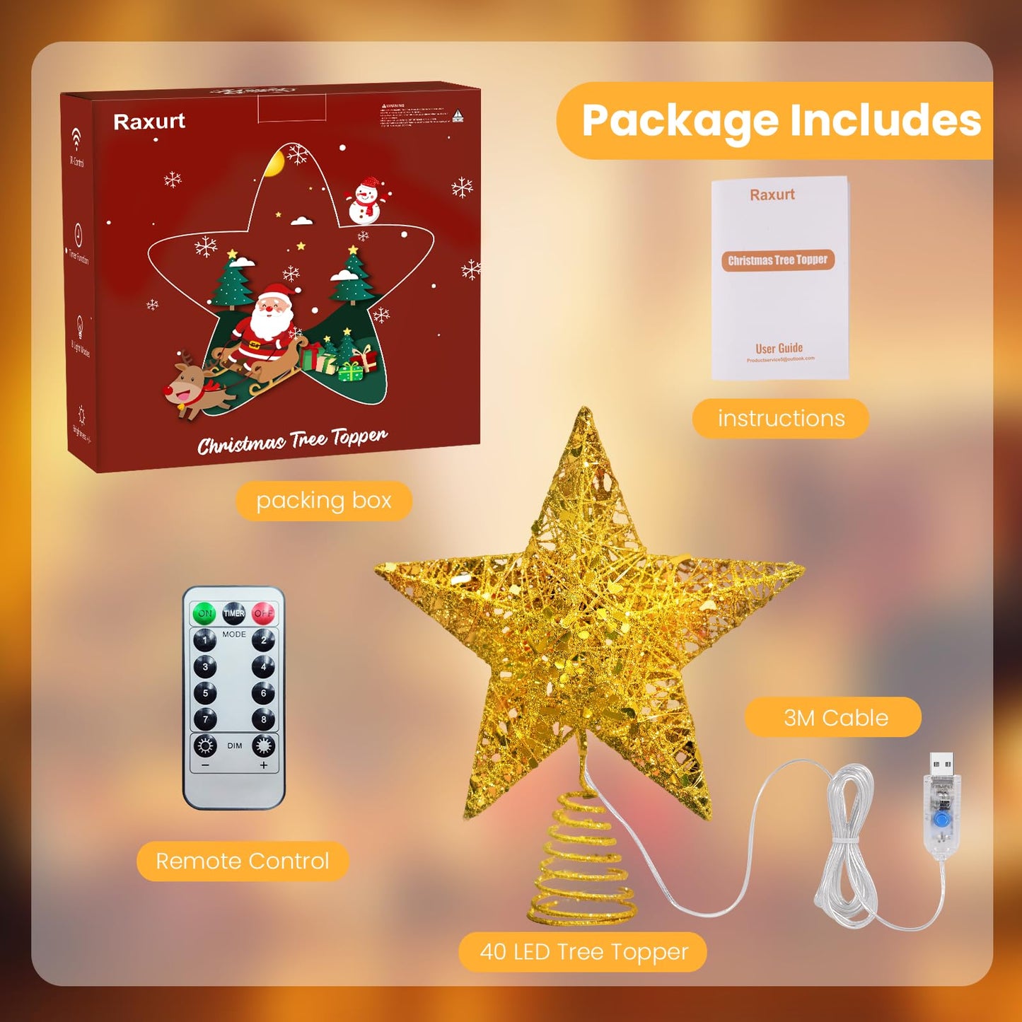 Raxurt Christmas Tree Topper, 40 LED 10 Inches USB Lighted Star Tree Topper with Remote Control for Christmas Tree Decorations, Gold/Large