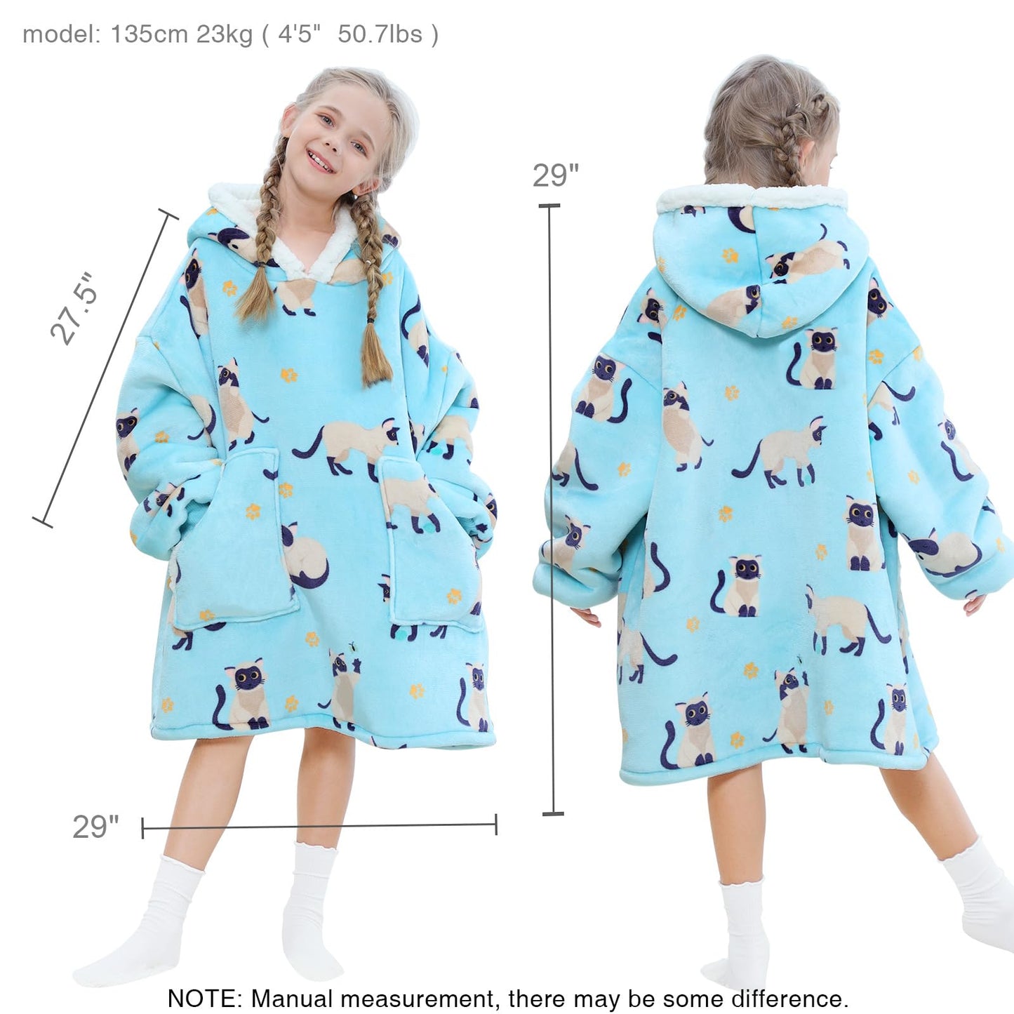 Kipswiza Siamese Cat Wearable Blanket Hoodie for Kids - Oversized Sherpa Fleece Hooded Sweatshirt, Cozy Gift for Girls Boys 6-13 (4'3"-4'11"), Cat Print, Light Blue