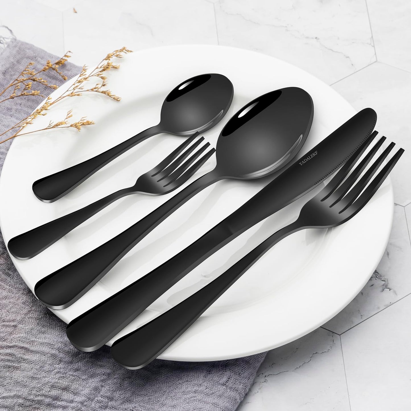 YADALEKF Black Silverware Set,Satin Finish 40-Piece Stainless Steel Flatware Set for 8, Kitchen Eating Utensil,Cutlery Tableware Set Includes Forks Spoons Knives, Dishwasher Safe