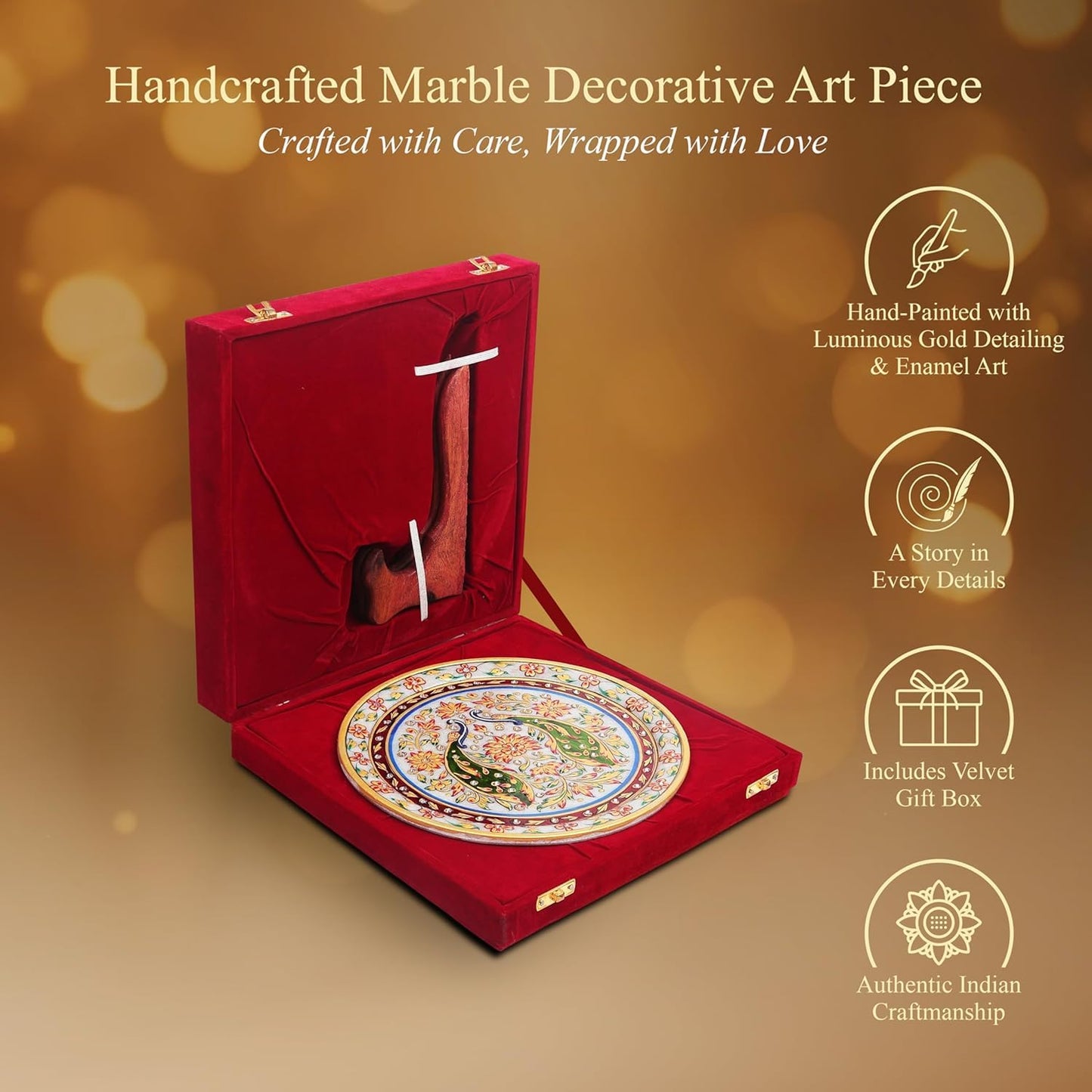 Handcrafted Marble Decorative Art, 9 Inch – Hand-Painted Gold Peacock & Floral , Indian Art Display Accent for Living Room, Entryway & Office & Housewarming Gift (Royal Peacock With Velvet Box)