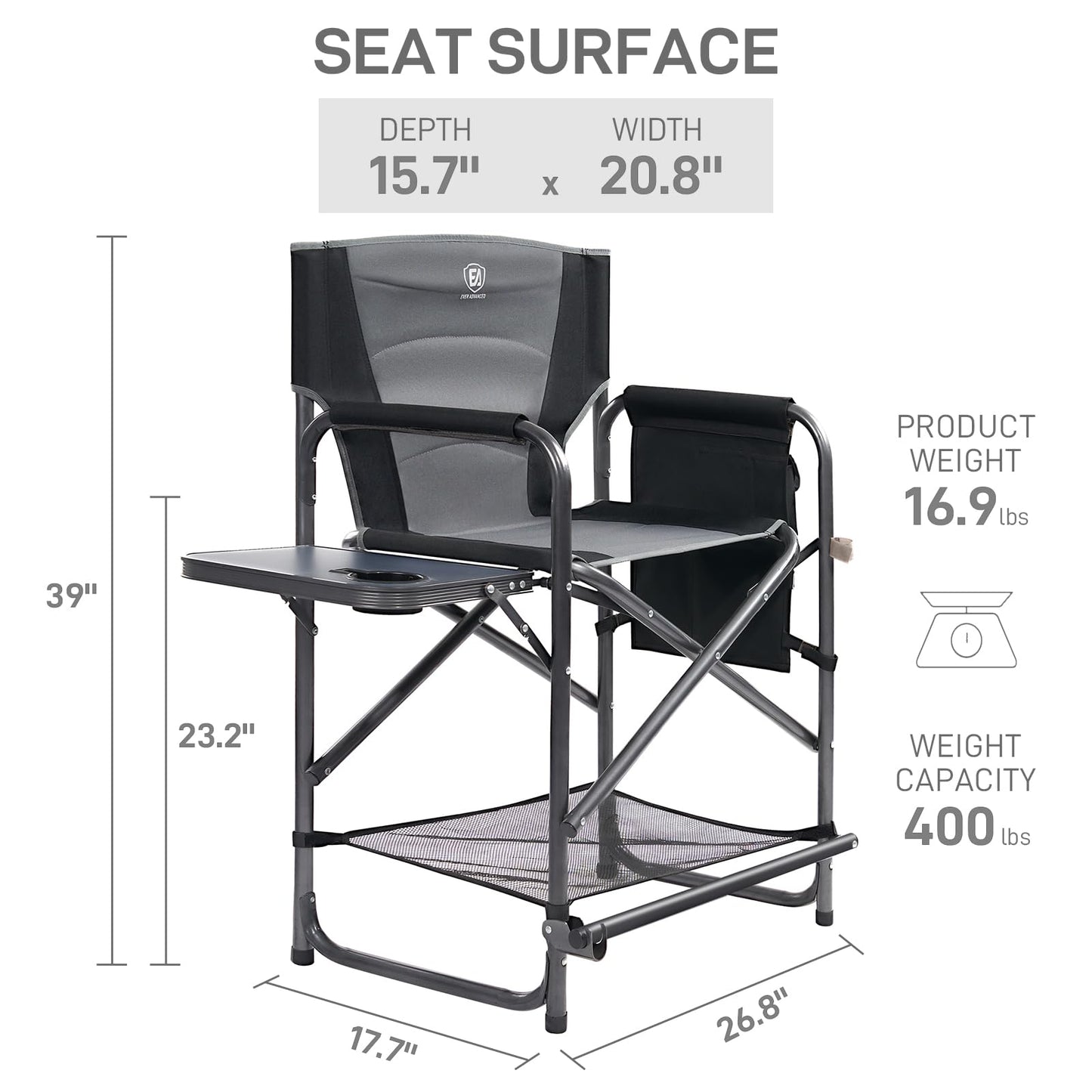 EVER ADVANCED Medium Tall Directors Chair Foldable Makeup Artist Chair Bar Height with Side Table Cup Holder and Pocket Footrest, Supports 400LBS (Grey, Seat Height: 23.2 inches)