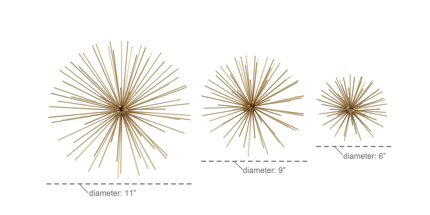 Deco 79 Metal Starburst 3D Long Spike Wall Decor, Set of 3 6", 9", 12"W, Gold