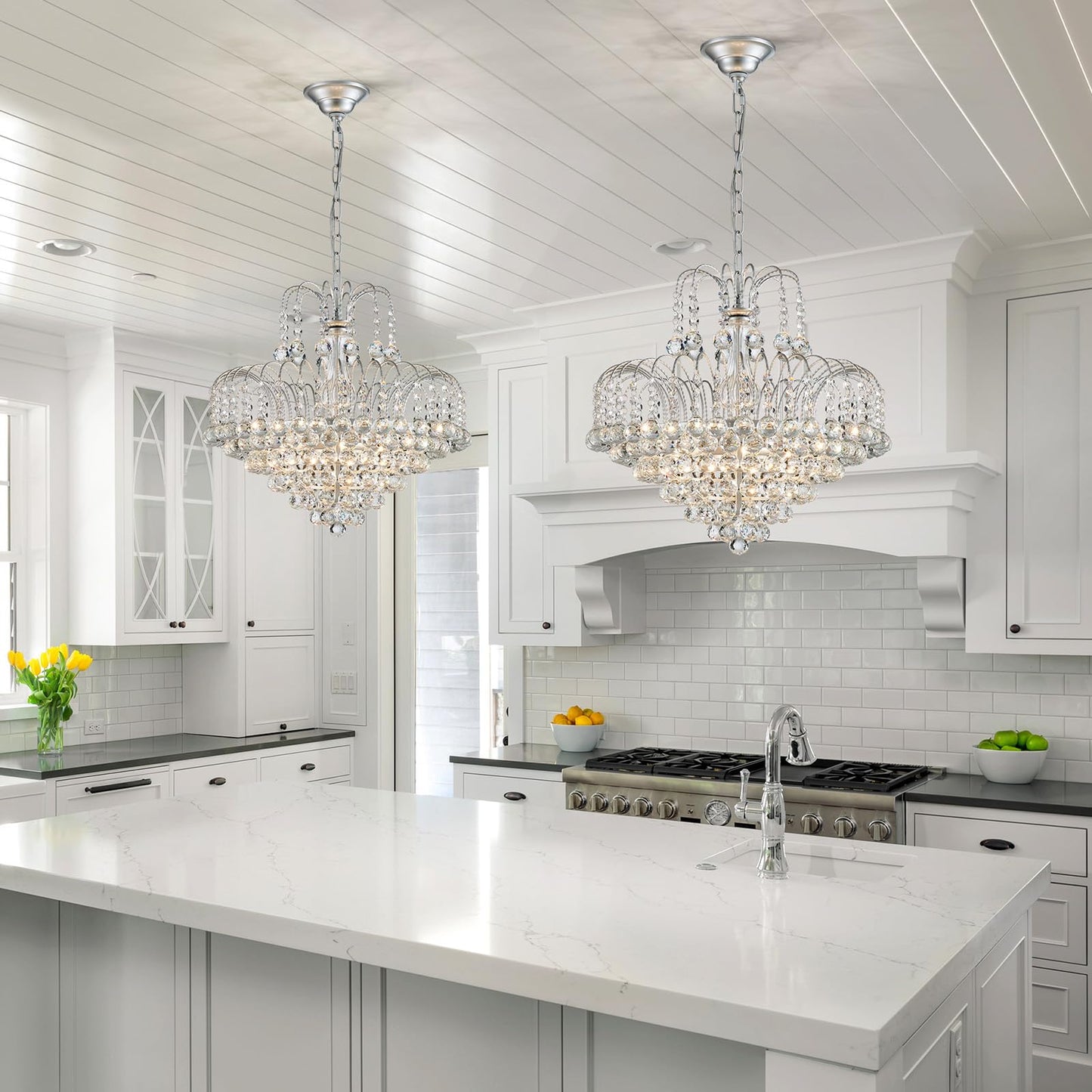 WUZUPS Crystal Chandelier Pendant Flushmount Ceiling Light Modern Lighting Fixture for Bedroom Hallway Bar Kitchen Bathroom, H 17.3" x W 18.9", Silver, E12 Base