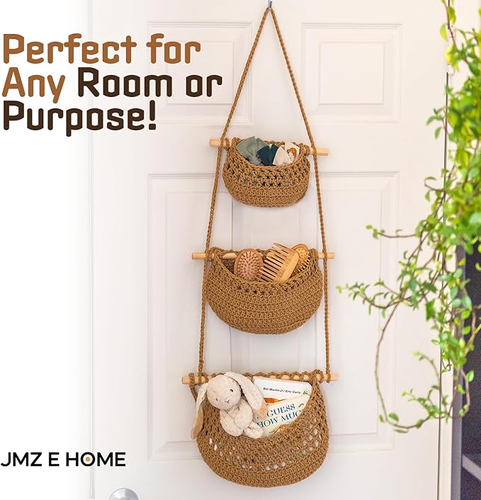 Cotton Hanging Fruit Basket, 3 Tier Woven Wall Basket, Hanging storage baskets