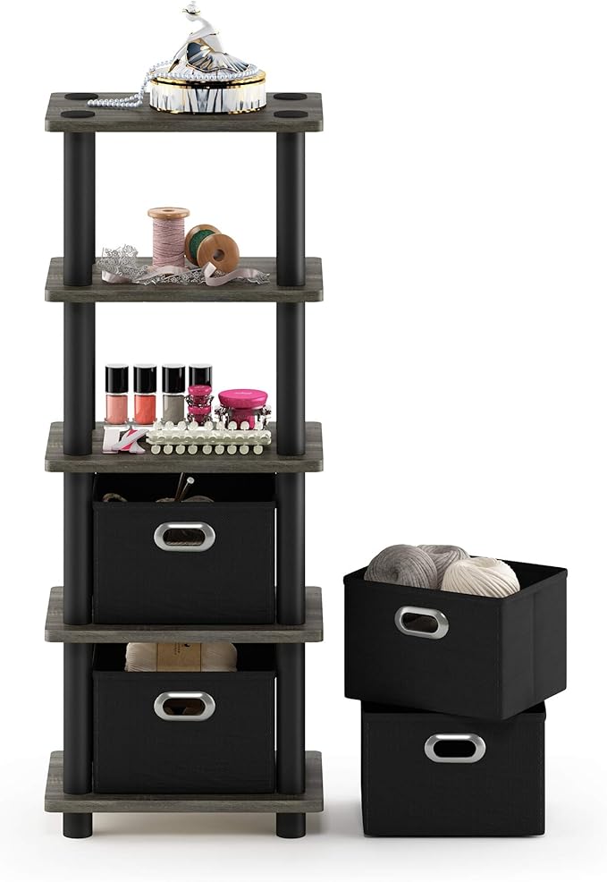 FURINNO Turn-N-Tube LACi 4-Bins System Rack, French Oak Grey/Black