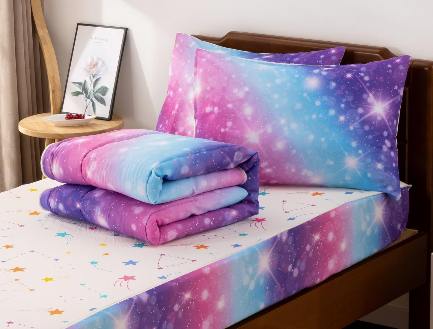 Meeting Story 3pcs Kids Comforter Set Zip up Bedding Set for Girls,Twin Kid Bedding Set Gradient Comforter Set for Kid,All in one Zipper Bedding(BluePurple,Twin)