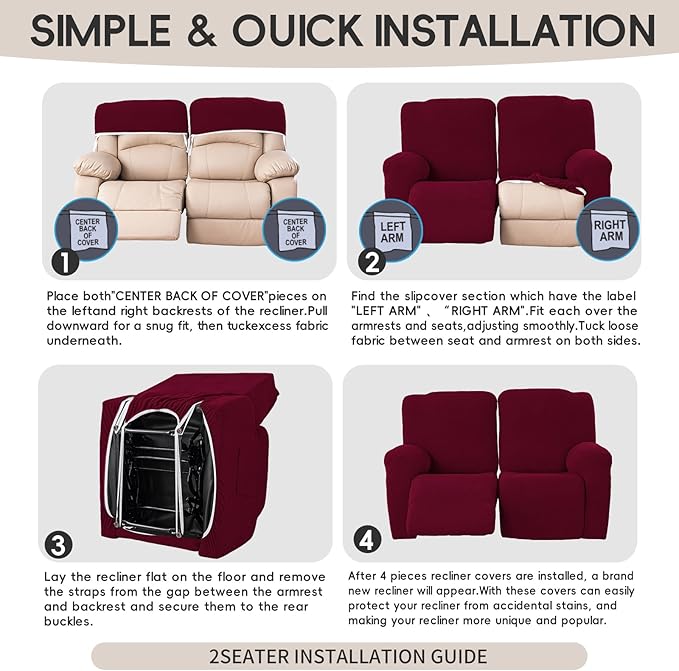 Recliner Loveseat Covers, 4-Piece Stretch Geometric Strokes Jacquard Reclining