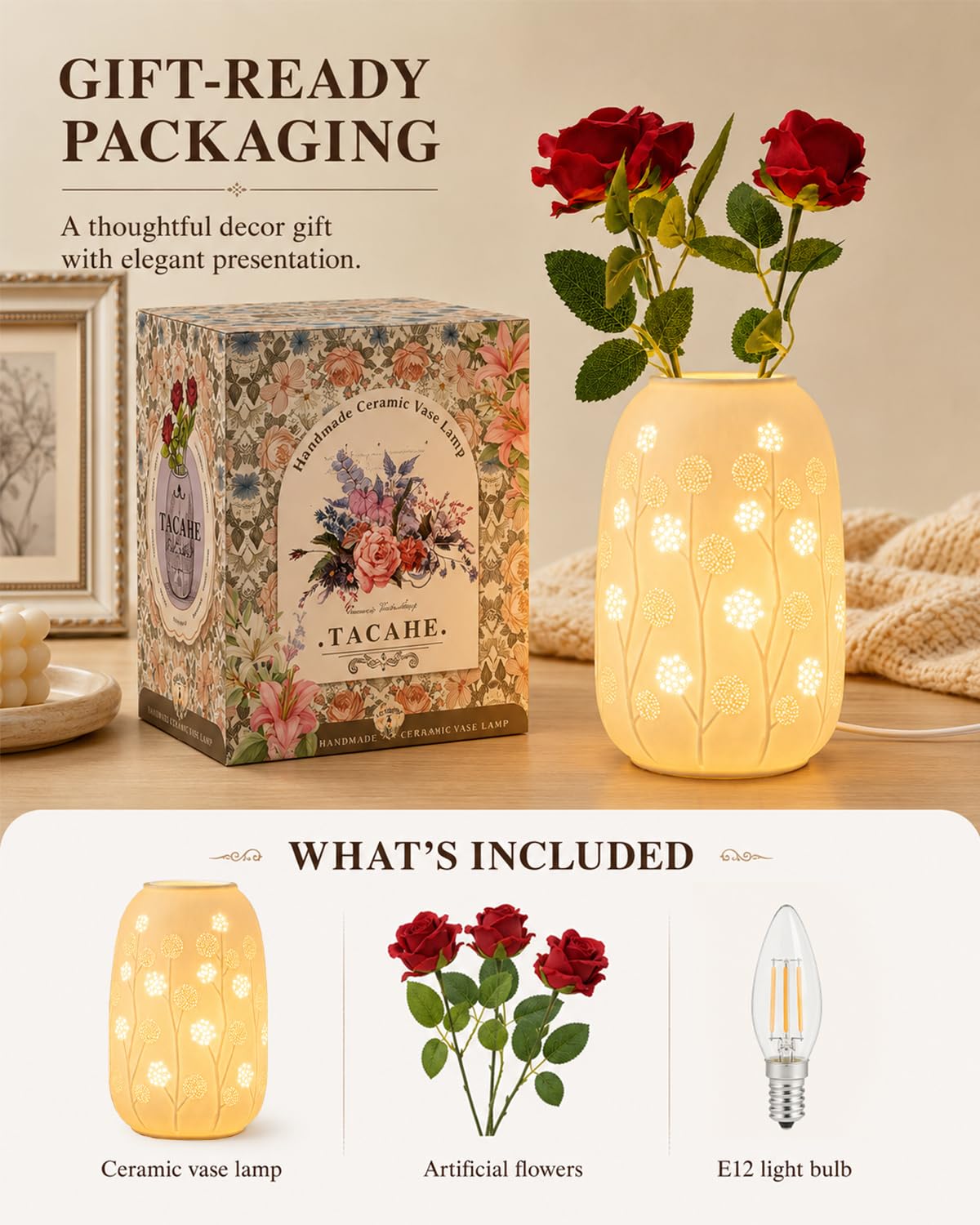 TACAHE Ceramic Vase Table Lamp, 2700K Bulb & 3 Artificial Flowers Included, E12 Socket, Inline Switch, Handmade Openwork Craft, Ambient Light for Living Room Bedroom - Dandelion 9"