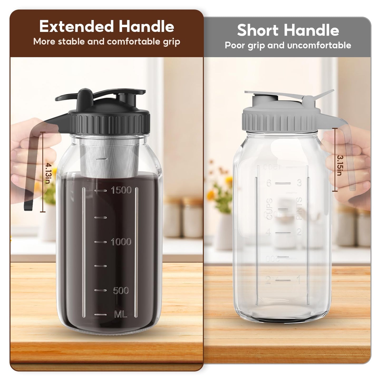 2 Pack 64 oz(2 Quart / 1.9 Liter) Cold Brew Coffee Maker Jar - Glass Cold Brew Maker with Handle, Stainless Steel Filter&Leak-Proof Lid, Heavy Duty Cold Brew Pitcher for Iced Coffee, Sun Tea, and Milk
