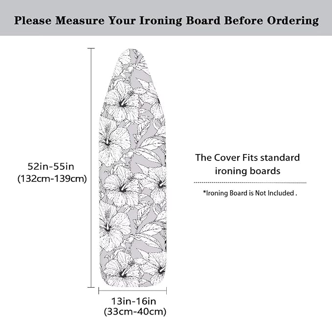 Black White Hibiscus Flower Ironing Board Cover-15x 54 Sketch Tropical Flowers