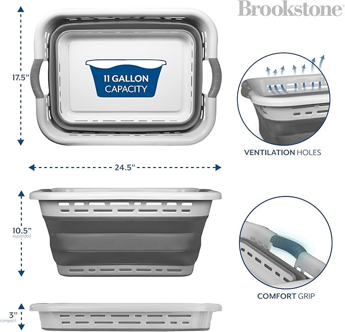 BROOKSTONE 11 GALLON XL 24" Collapsible Laundry Basket & Clothes Hamper