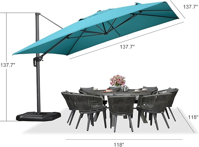 PURPLE LEAF 11.5' X 11.5' Telescopic Patio Umbrella with Base Included Lifting Cantilever Offset Square Large Umbrella for Pool Outdoor Patio Deck Garden Turquiose