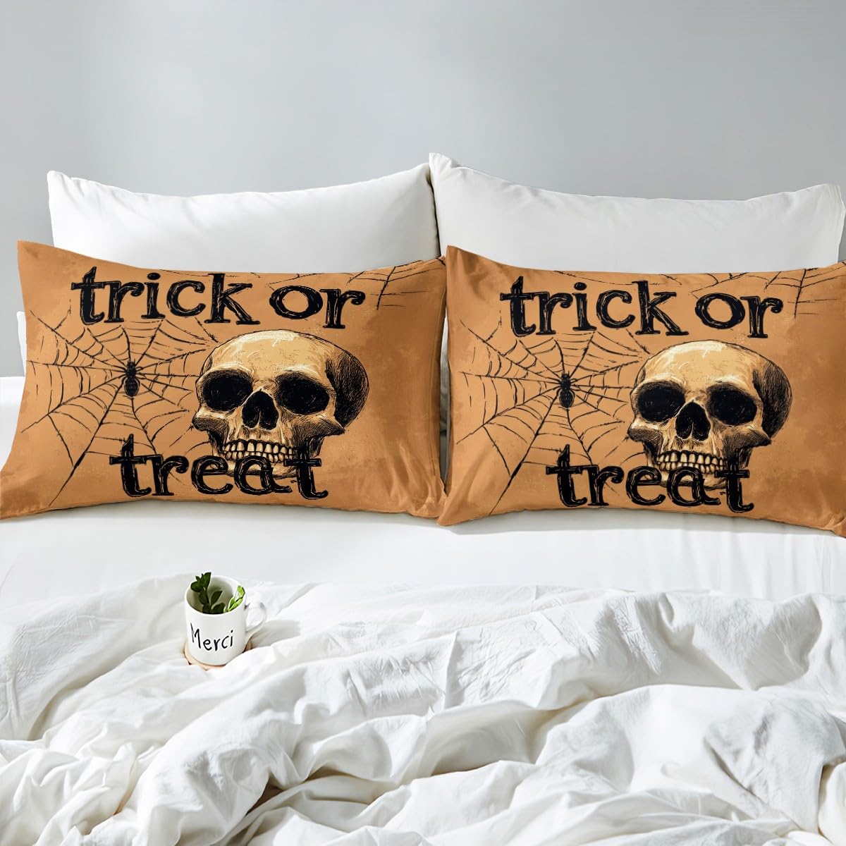 Feelyou Kids Halloween Bed Sheet Set Full Size, Trick or Treat Fitted Sheet Skull Decor Bedding Set Boys Girls Spider Web Teens Bedroom Decor Bed Set 3Pcs (No TOP Sheet)