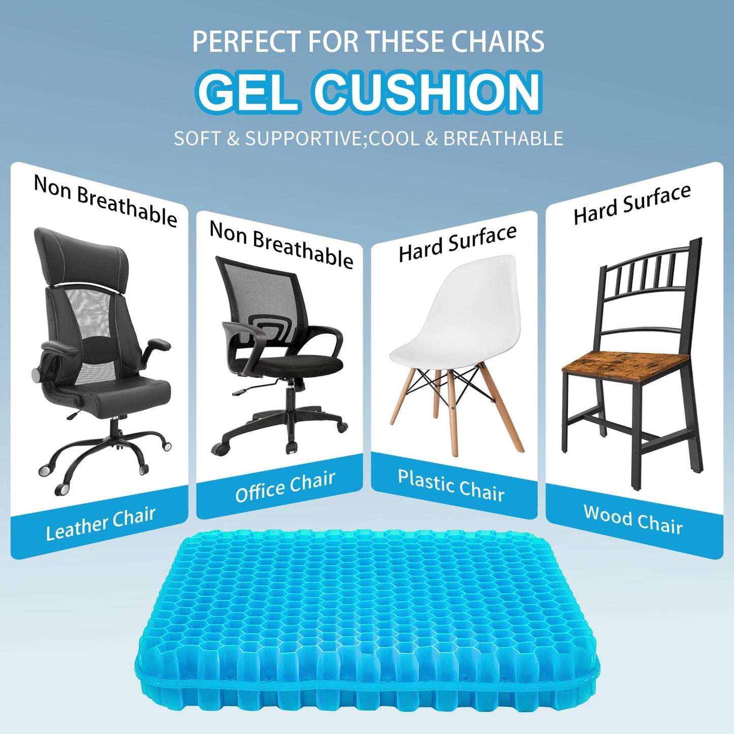 Gel Seat Cushion for Long Sitting - 16.5" x 14.5" x 2.4" (Extra Thick&Soft) Gel Cushion for People Over 180 lbs, Pressure Relief Cushion for Office Chair, Egg Cushions for Wheelchair, Gel Pad for Car