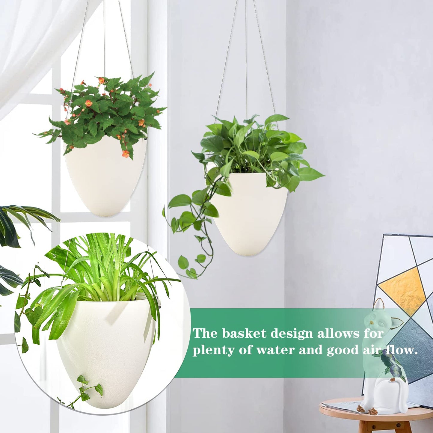 Sungmor 3 Pack Self Watering Hanging Planters, Unique Eggshell Shape Indoor Outdoor Hanging Pots for Plants, Modern White Plastic Flower Pots Home Decor Hanging Basket