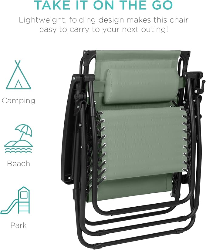 Best Choice Products 30” Wide Folding Zero Gravity Outdoor Recliner Patio Lounge Chair w/Adjustable Canopy Shade, Headrest, Side Accessory Tray - Sage Green