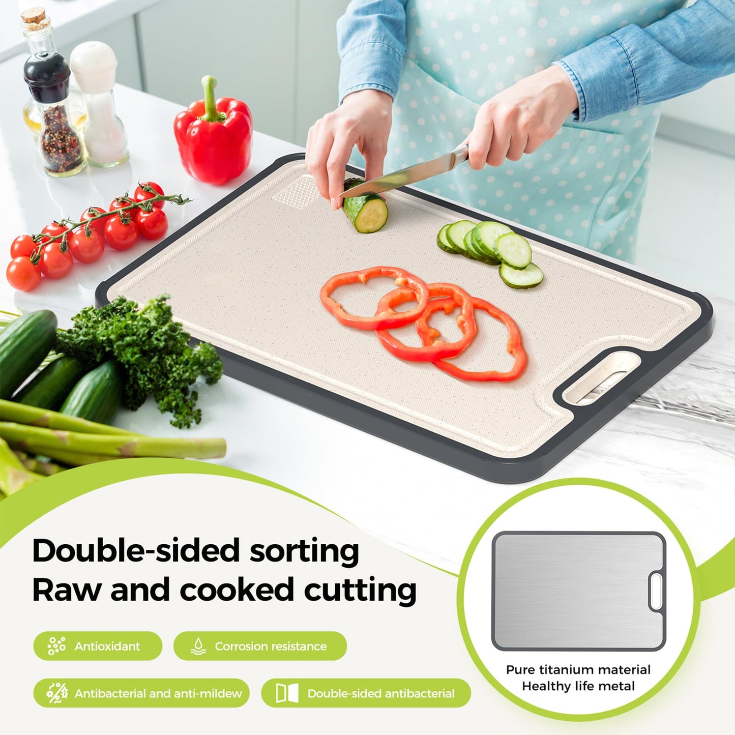 Titanium Cutting Board for Kitchen, Cutting Board Double Sided Food Grade, Pure Titanium and Wheat Straw PP, Dishwasher Safe Easy to Clean Large Size 16”×11”