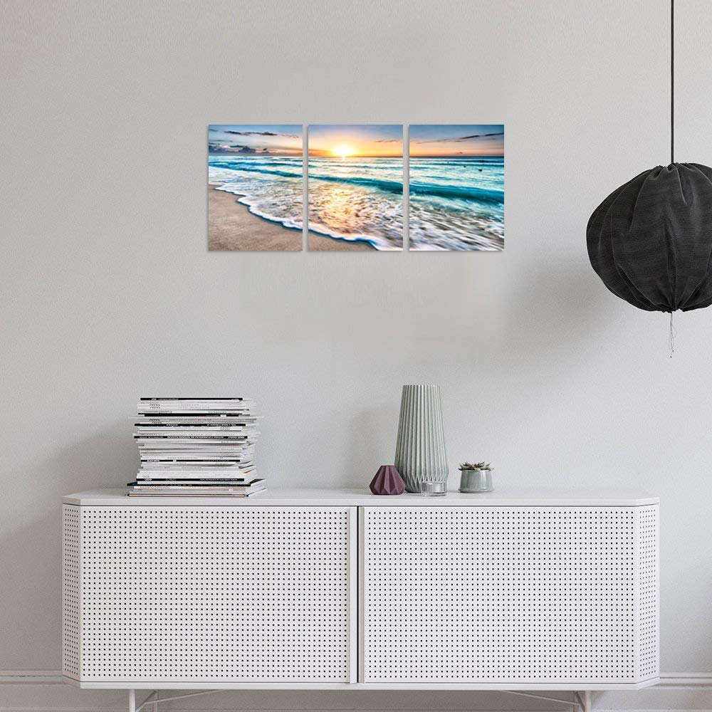TutuBeer 3 Panel Beach Canvas Wall Art for Home Decor Blue Sea Sunset White Beach Painting the Picture Print on Canvas Seascape the Pictures for Home Decor Decoration,Ready to Hang