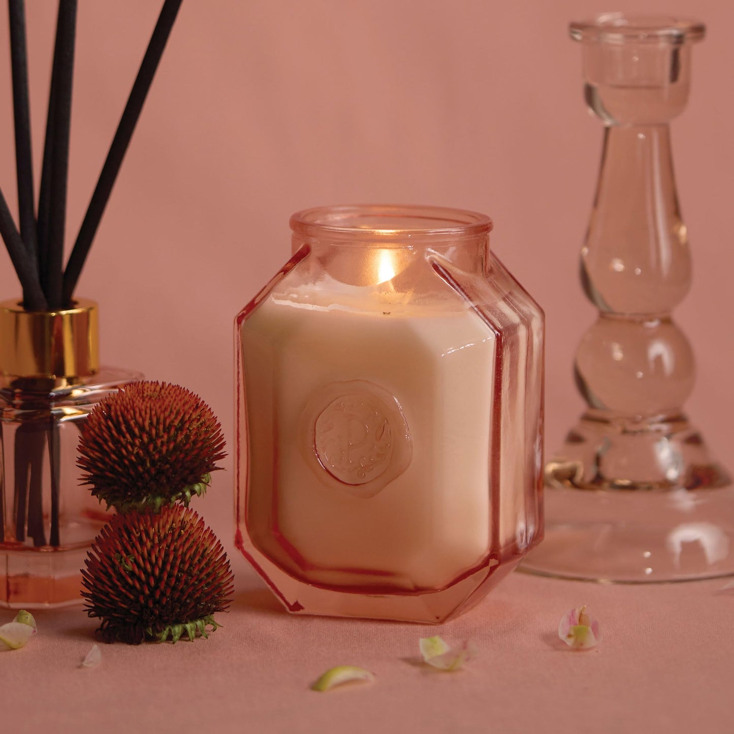 Paddywax Botanica Scented Candle with Lid in Reusable Embossed Glass Jar, Clean-Burn Soy Candle with Approx. 56 Hour Burn Time, Saffron Rose, 8 oz