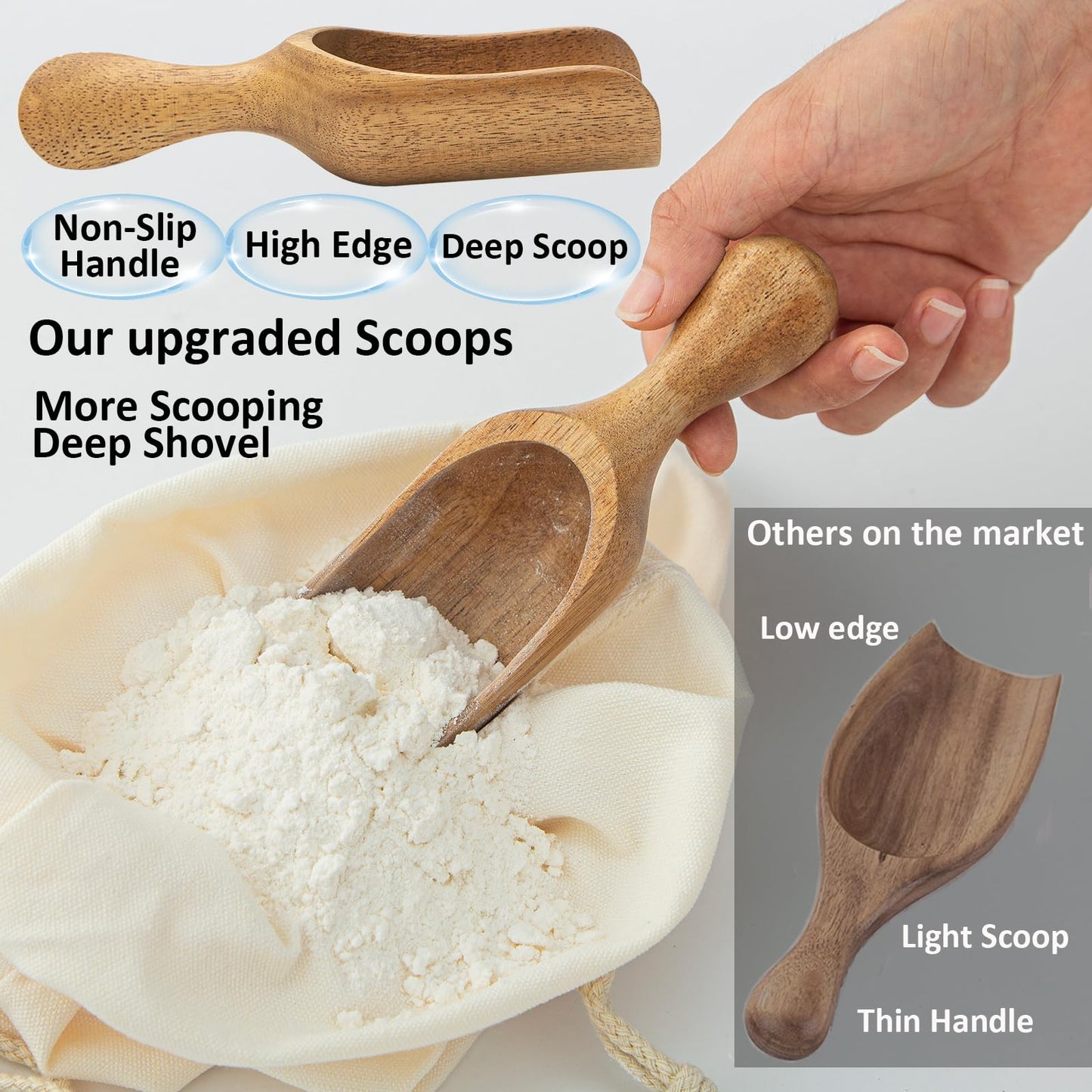 Large Coffee Scoop Shovel, 3pcs Wooden Scoop for Jars, 5.9″ Big Ground Coffee Scoop Measuring Spoons for Coffee, Tea, Powder- Multifunctional Kitchen Scoop for Bath Salts,Laundry (Acacia Wood)