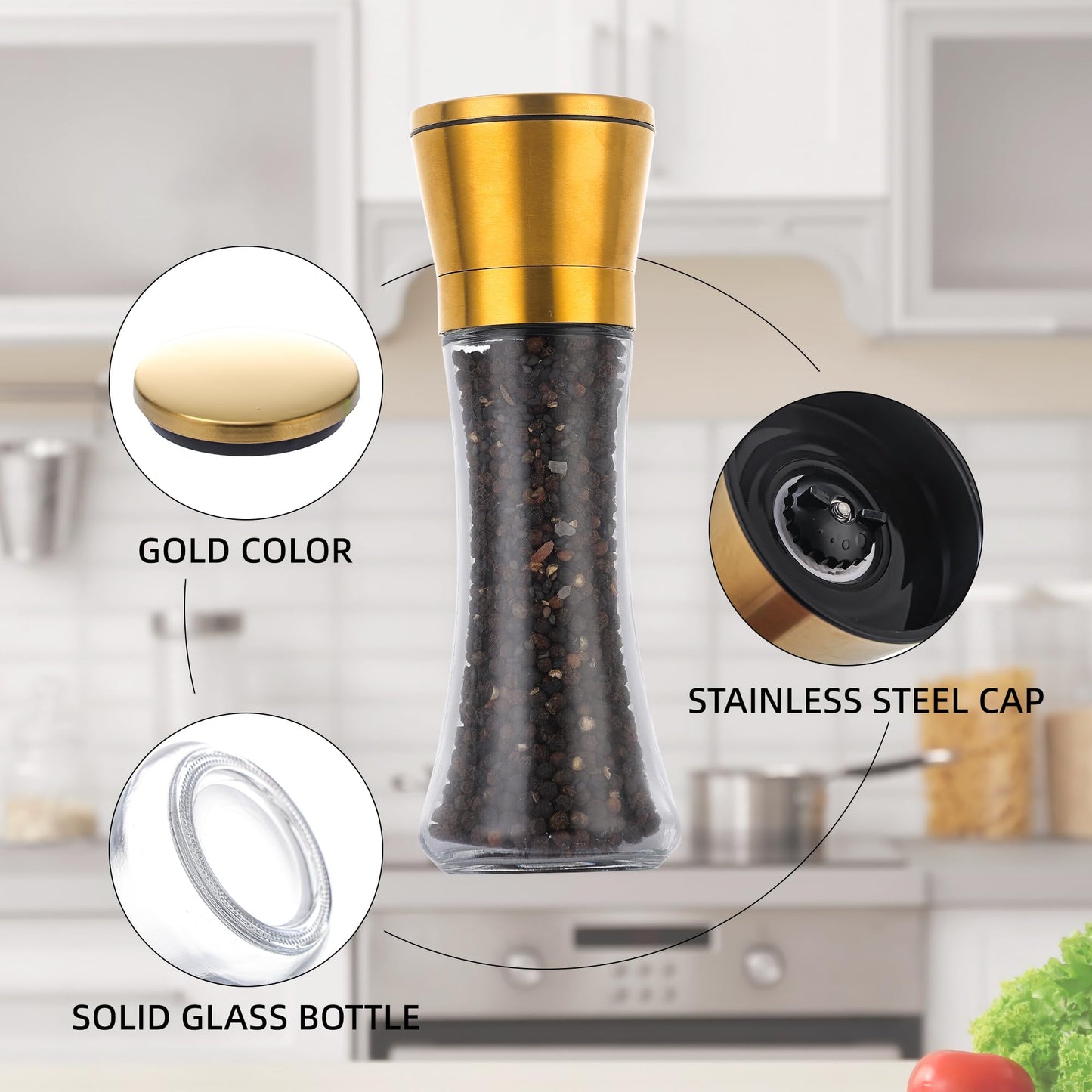 DAVIMADE Gold Salt and Pepper Grinder Set of 2-Glass Pepper Mill and Salt Shakers with Adjustable Ceramic Coarseness & Stainless Steel Lid-W/Silicone Funnel - Modern Kitchen Accessories