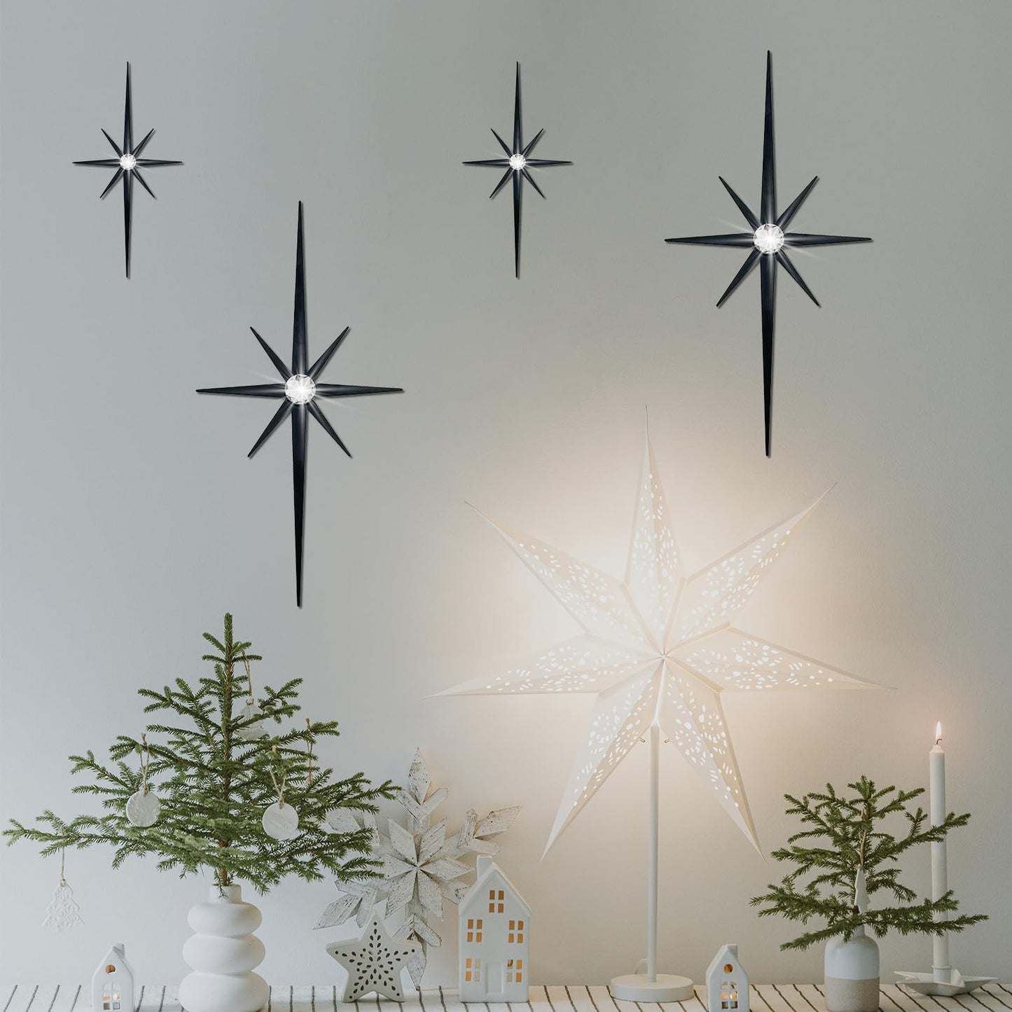 Sxnzequnze 4 Pcs Star Wall Art for Home Decor Living Room Bedroom Office Metal 3D,Bling,with Hanging Hook Starburst Midcentury Sculpture Retro Gallery Accent Celestial -Black 16.5in/9.4in