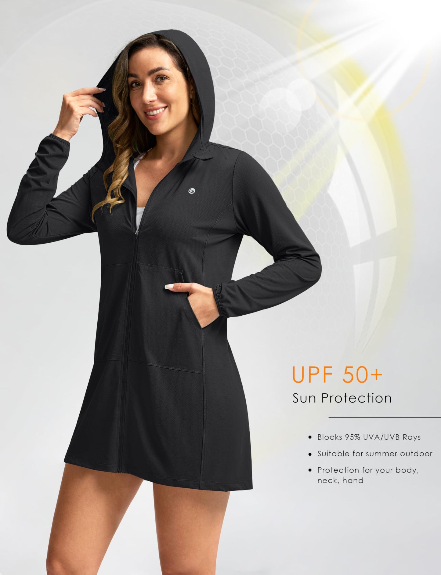 Women's UPF 50+ Swim Cover Up Sun Protection Hoodie Long Jacket SPF Lightweight Beach Cover Ups for Women(Black,M)