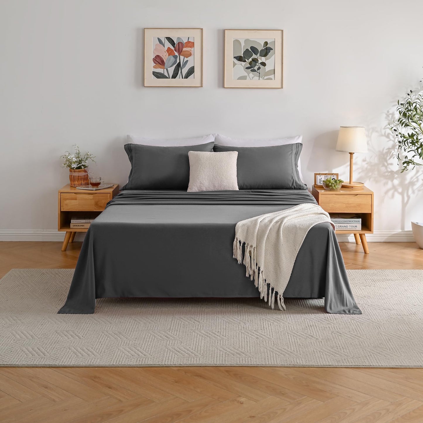 Yibeizi Queen Sheet Set Cooling Sheets Deep Pocket Queen Size Bed Sheets Set, Grey Soft Microfiber Oeko-Tex Sheets & Pillowcases Hypoallergenic Wrinkle Free Bedsheets