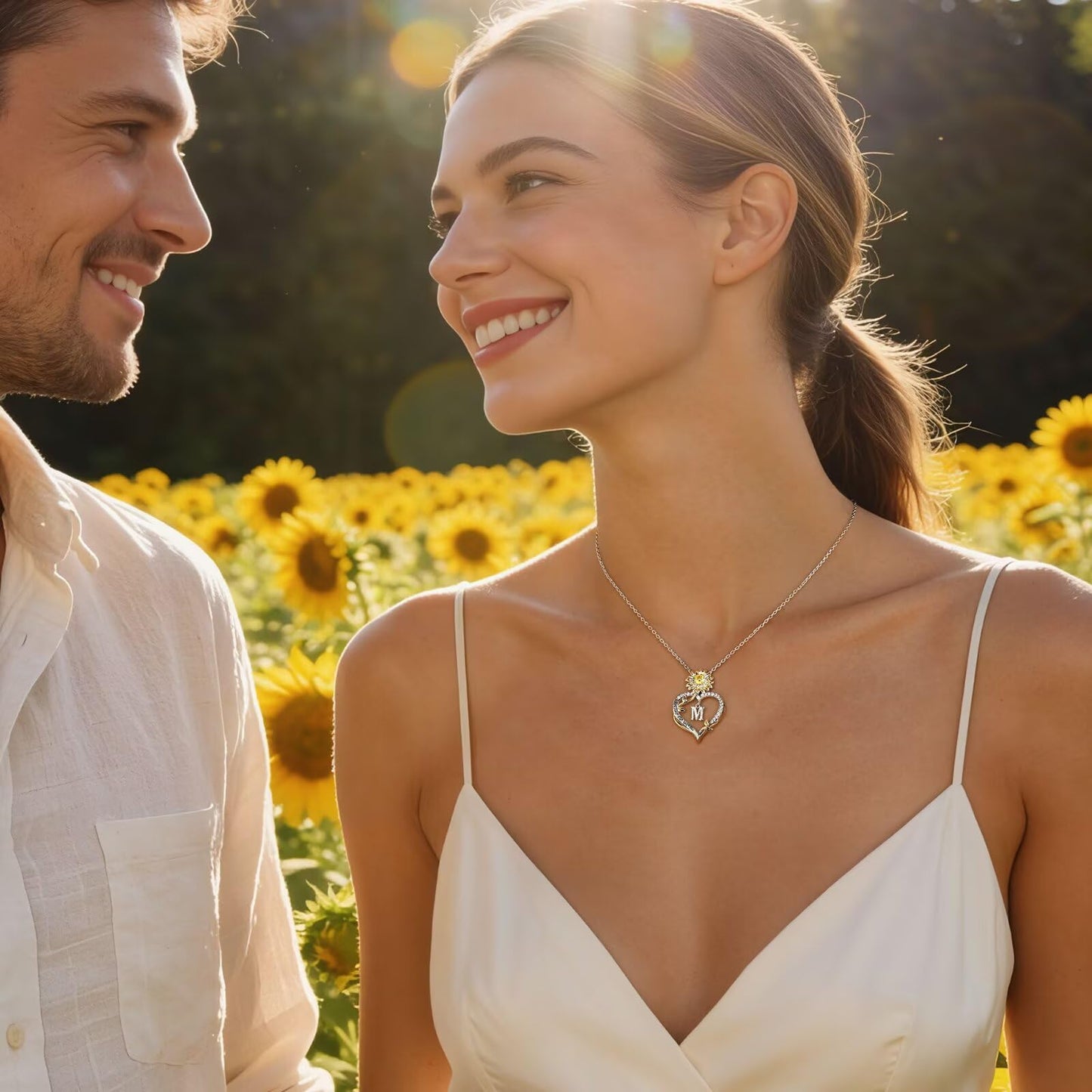MONOOC Sunflower Gifts for Women - 14K-White-Gold-Plated Sunflower Initial Necklaces for Woman Heart Initial Letter N Necklace, Anniversary Birthday Gifts for Women Wife Mom Jewelry Gift