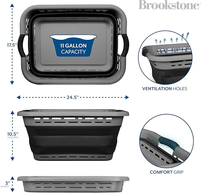 BROOKSTONE 11 GALLON XL 24" Collapsible Laundry Basket & Clothes Hamper