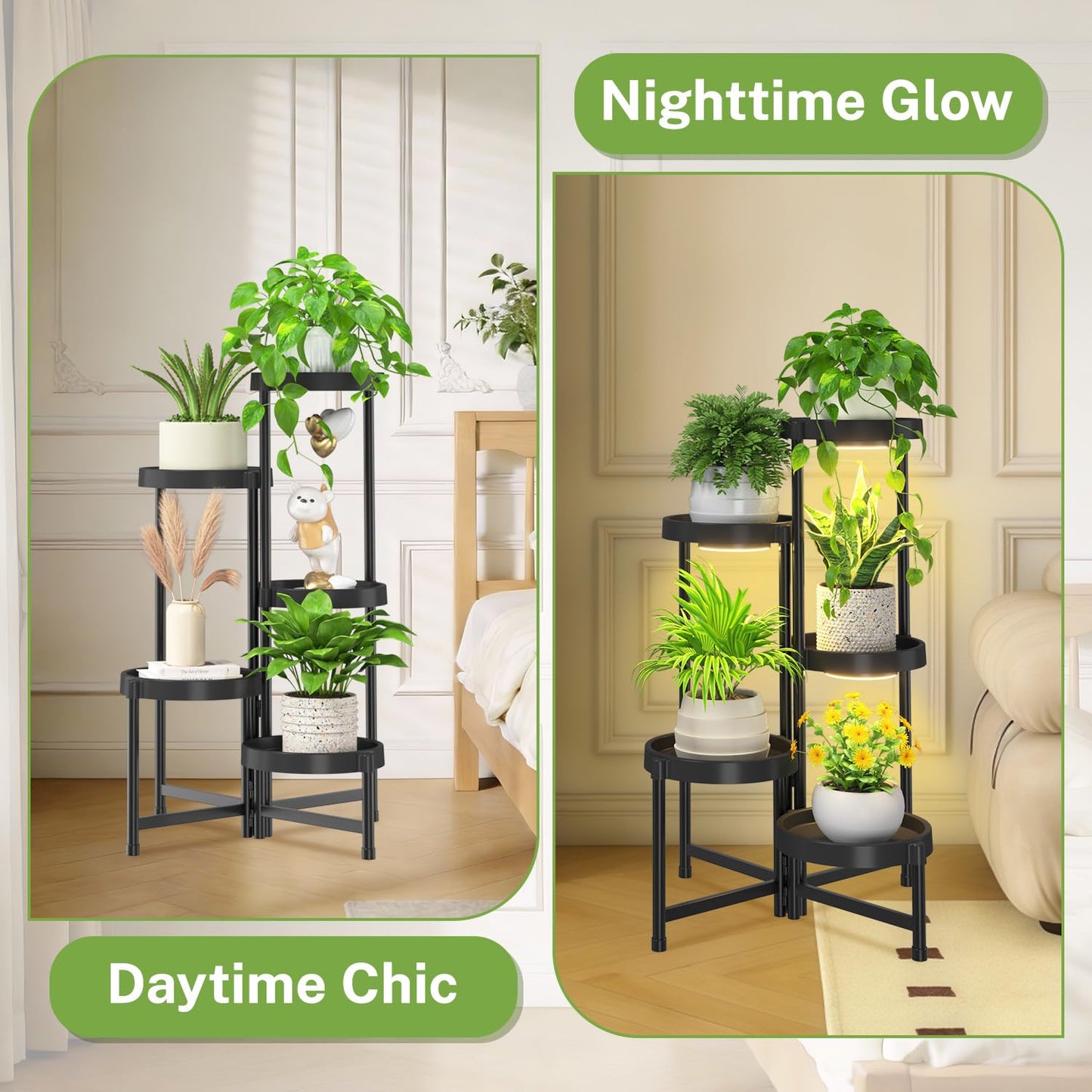 iDavosic.ly 5 Tier Folding Plant Stand Indoor Outdoor with Grow Light, Tiered Corner Flower Holder Shelf with Plastic Tray, Metal Orchid Display Rack for Patio Porch Living Room Garden Balcony, Black