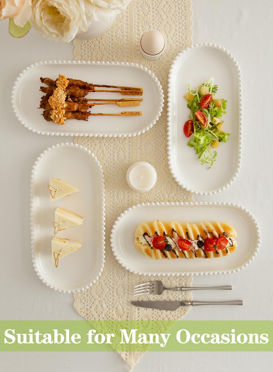 TAMAYKIM 12 Inch Porcelain Serving Platters Set of 6 - White Ceramic Trays with Beaded Edge, Oval Serving Plate for Steak, Taco, Sushi, Appetizer, Cake - Dishwasher & Oven Safe