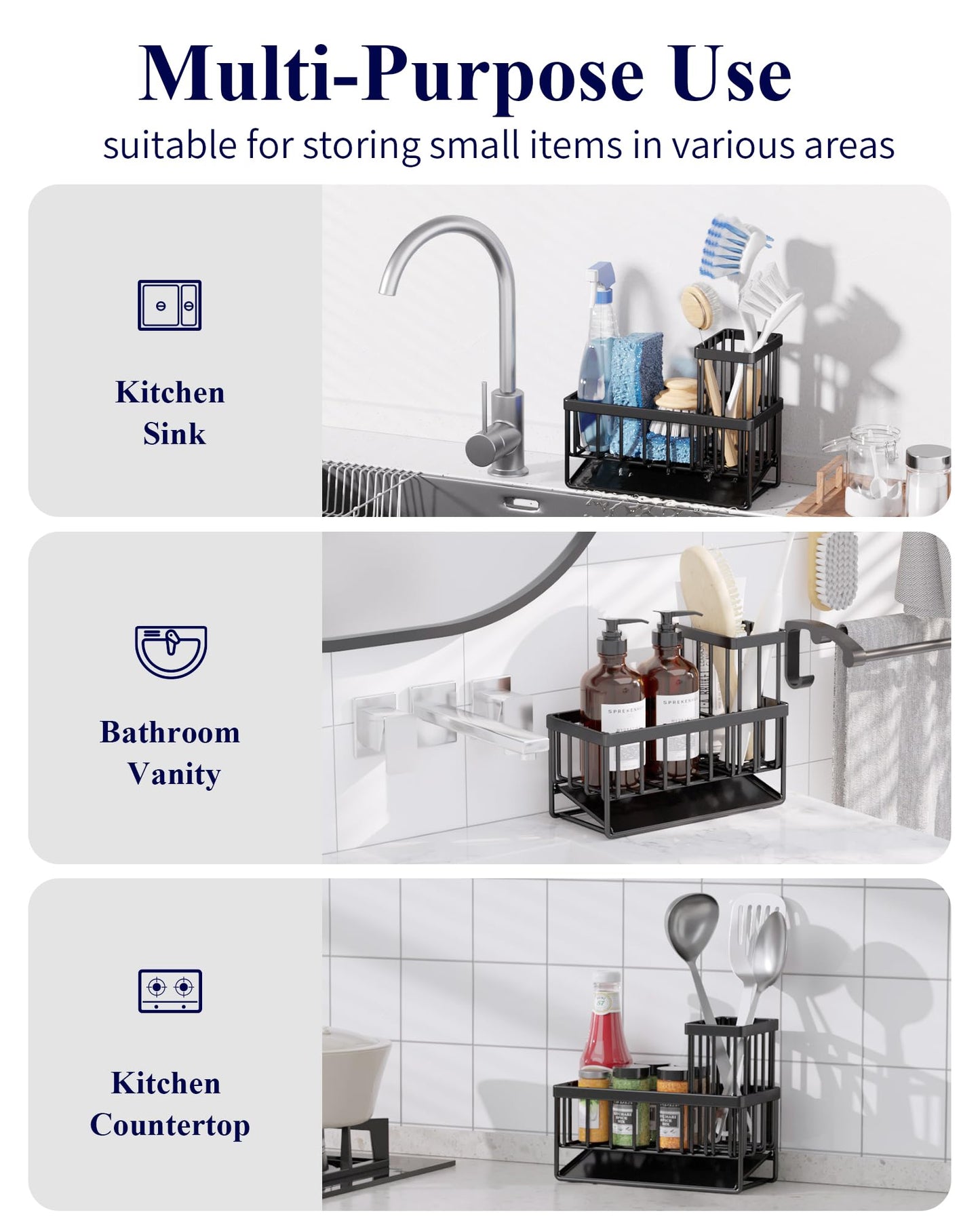 Kitsure Sponge Holder for Kitchen Sink - Rustproof Stainless Steel Sink Caddy Organization and Storage Essentials with High Brush Holder, Home Decor Accessories, 7.9" x 3.7" x 6.2", Black