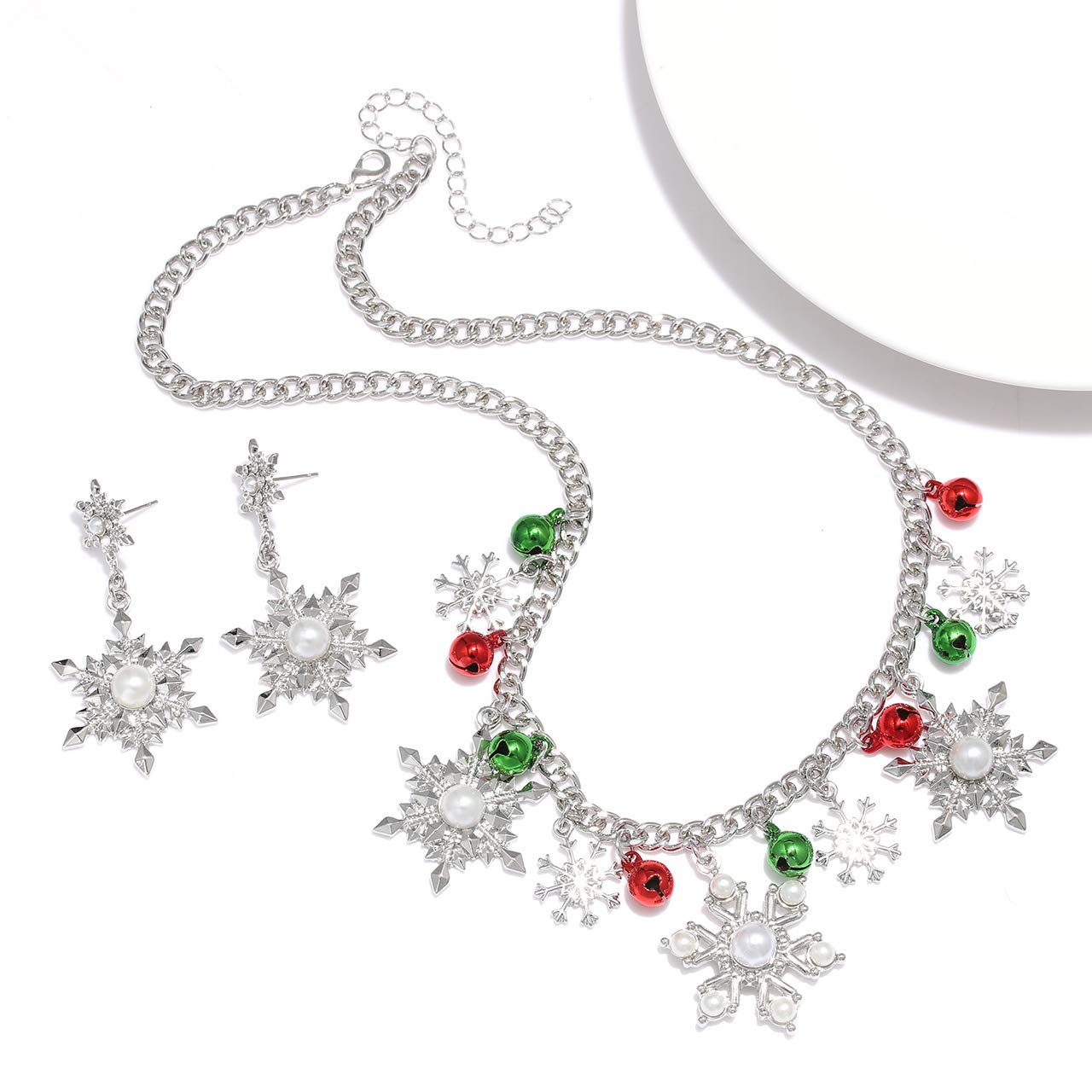 NLCAC Christmas Necklace Pearl Snowflake Collar Necklace with Snowflake Drop Earrings Santa Holiday Novelty Jewelry for Women (Pearl Snowflake)
