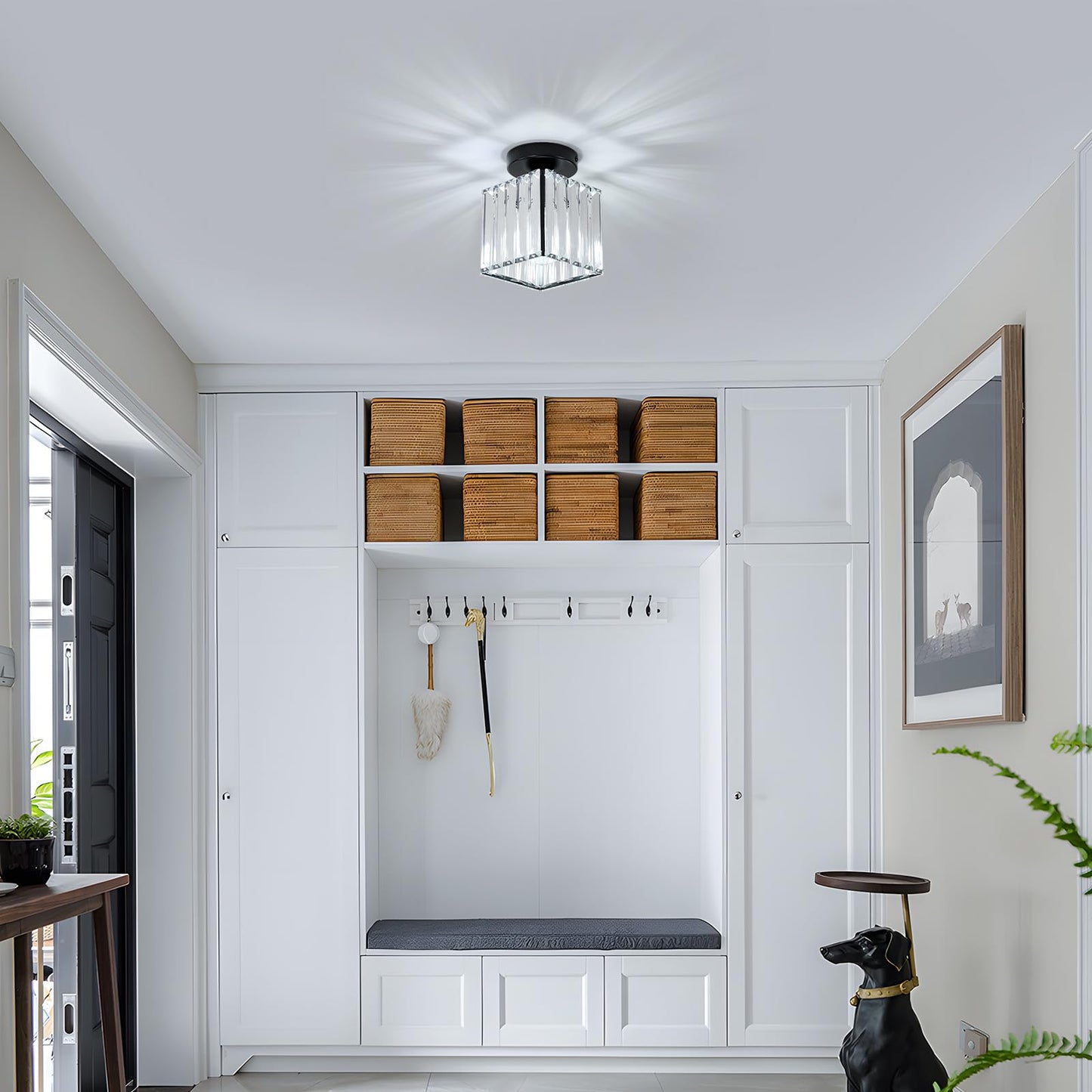 Goeco 2 Pack Square Crystal Semi Flush Mount Ceiling Light, 5.1 Inch Modern Black Mini Size Close to Ceiling Light Fixture for Hallway, Entryway, Stairway, Bathroom