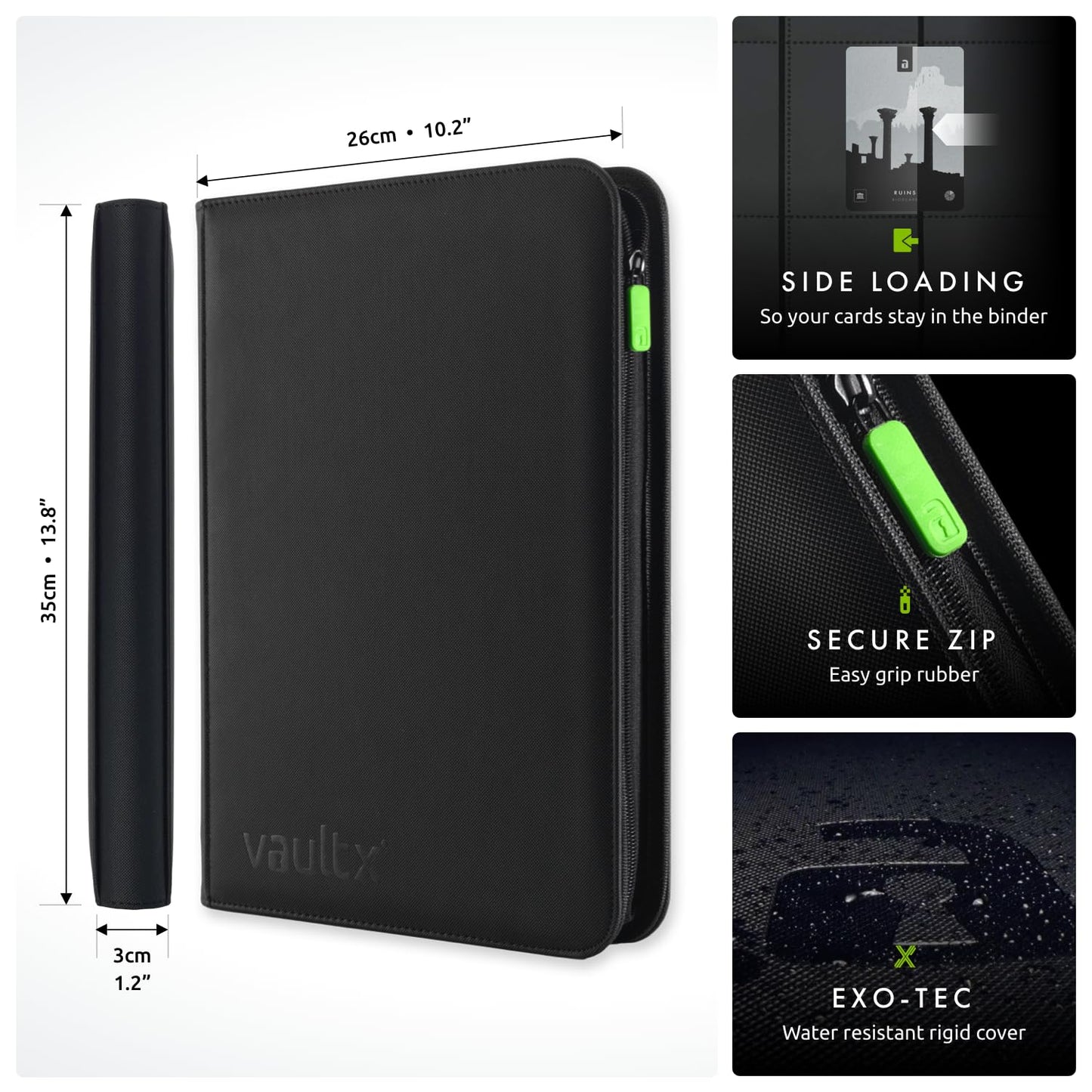 Vault X 9 Pocket Trading Card Zip Binder, 360 Cards, Premium Exo-Tec Album Material, 20 Side-Loading Pages, Folder for Collectible Games, Sports, TCG (Black)