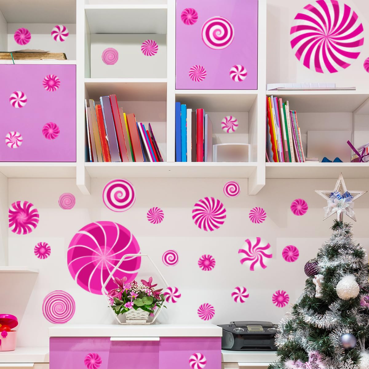 77 Pcs Christmas Candy Wall Decals Decorations Christmas Wall Stickers Pink Peppermint Candy Floor Decals for Xmas Candyland Party Decorations
