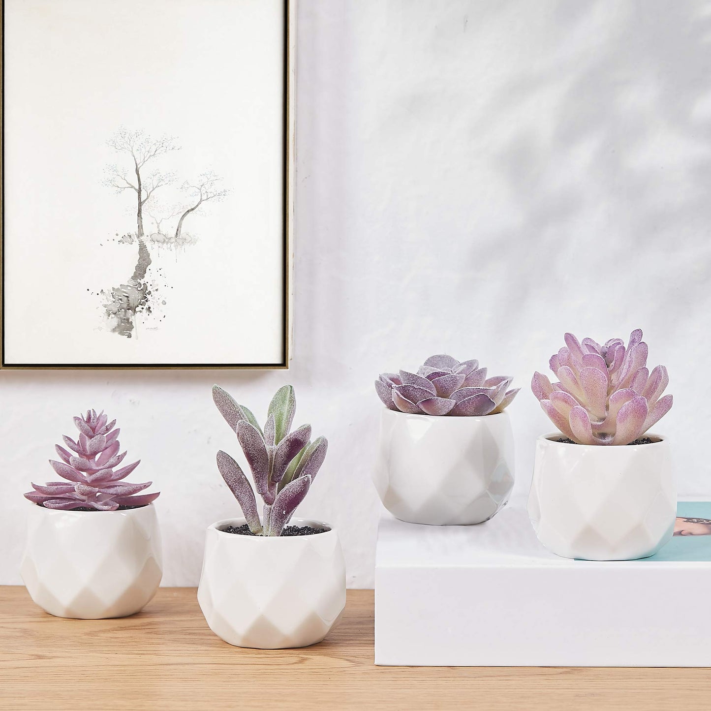 CADNLY Fake Succulent Plant Set - Artificial Desk Plants for Women Desk - Realistic Faux Succulents in Ceramic Pots - Mini Purple Decor for Bedroom Bathroom Office Shelf 4 Pack