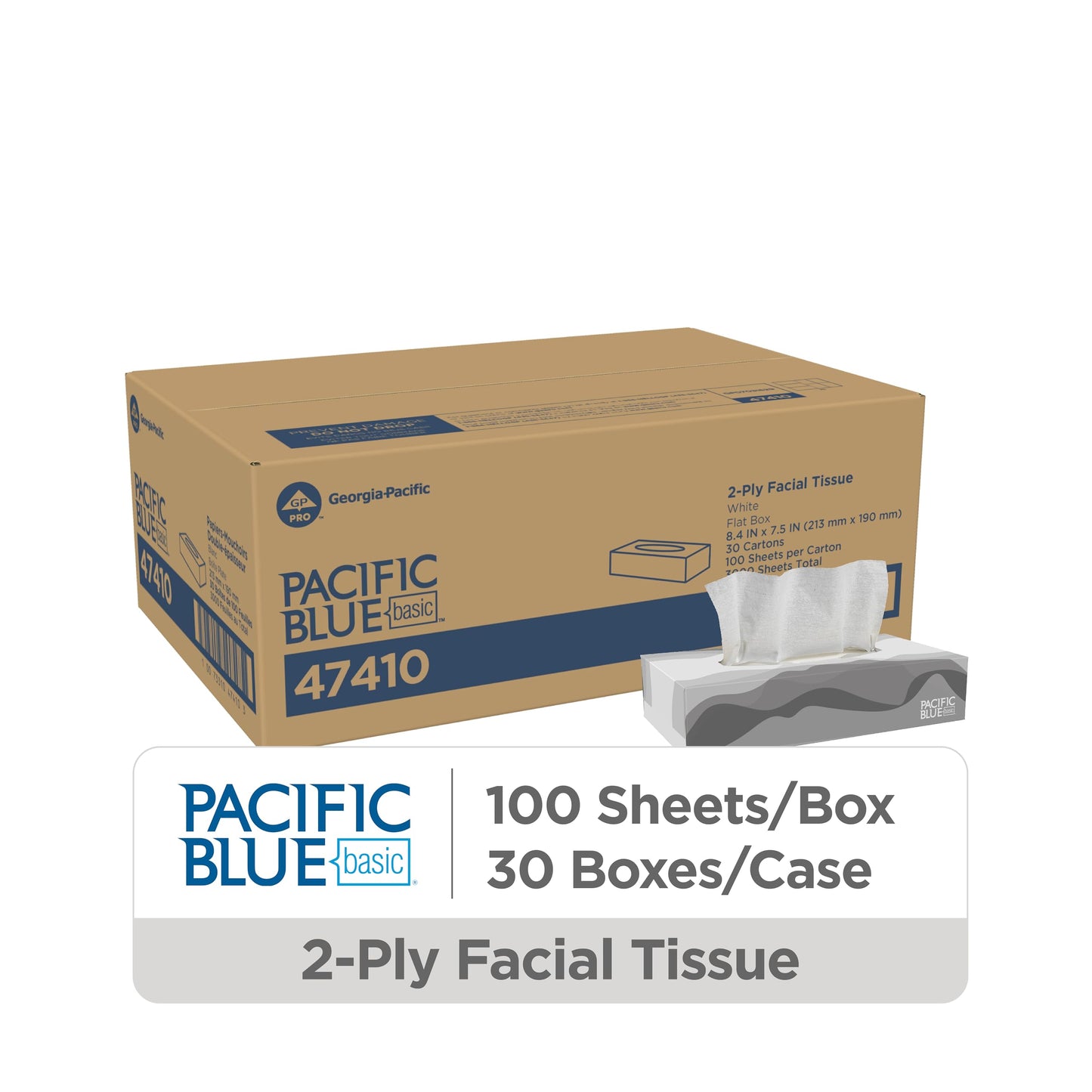 Georgia-Pacific Pacific Blue Basic 2-Ply Facial Tissue (47410), 100 Sheets Per Box, 30 Flat Boxes Per Bulk Case