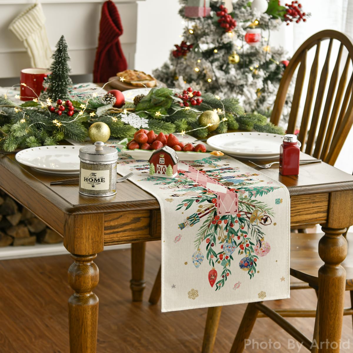 Artoid Mode Nutcracker Floral Holly Christmas Table Runner, Seasonal Winter Kitchen Dining Table Decoration for Home Party Decor 13x48 Inch