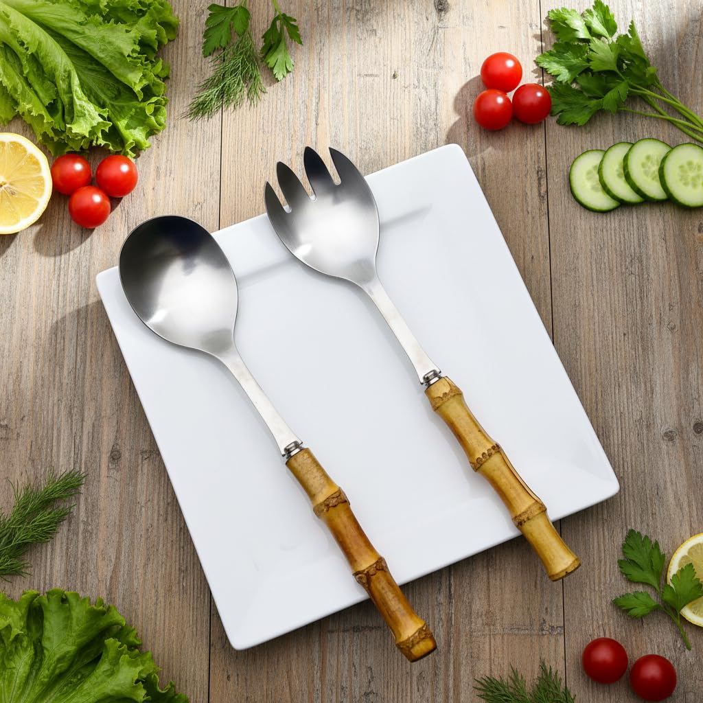 Nature Real Bamboo Handle Serving Set 10 inch Salad Spoon and fork 2-Piece Set Stainless Steel 18/10 Kitchen Utensils Matte Silver