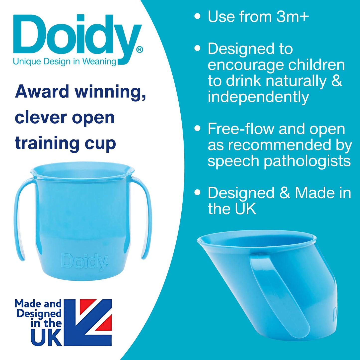 Doidy Cup Free Flow Toddler Cup | Trainer Sippy Cup (No Valve or Spout) | 3+ Months | Open Beaker with Handles for Easy Drinking | BPA-Free | 200 ml (7oz) | Blue