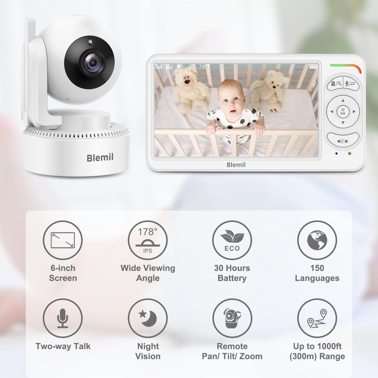 Blemil BabyMonitor with Camera and Audio, 6'' IPS Screen Baby Camera Monitor No WiFi, 30-Hrs Battery, ECO, Night Vision,2-Way Talk, Travel Video Baby Monitor Portable