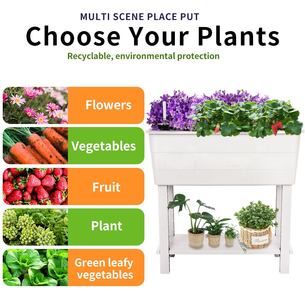 Megawodar 3 Pcs Self Watering Elevated Raised Garden Bed, Large Outdoor Plastic Planter Box Big Flower Plant Pot for Planting Flowers Vegetables and Herbs (3, White)