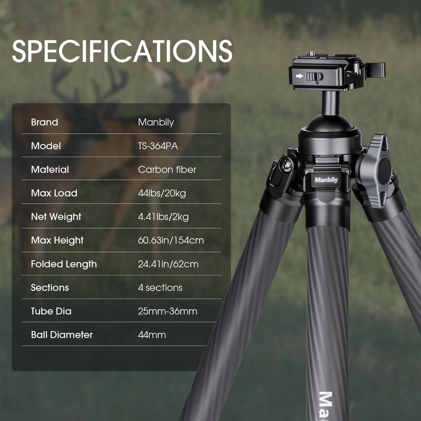 Manbily Carbon Fiber Hunting Tripod, 36mm Thick Leg Shooting Tripod with 360 Degree 44mm Large Ball and Picatinny to Arca Swiss Adapters, Max Load 44 lbs - TS-364PA