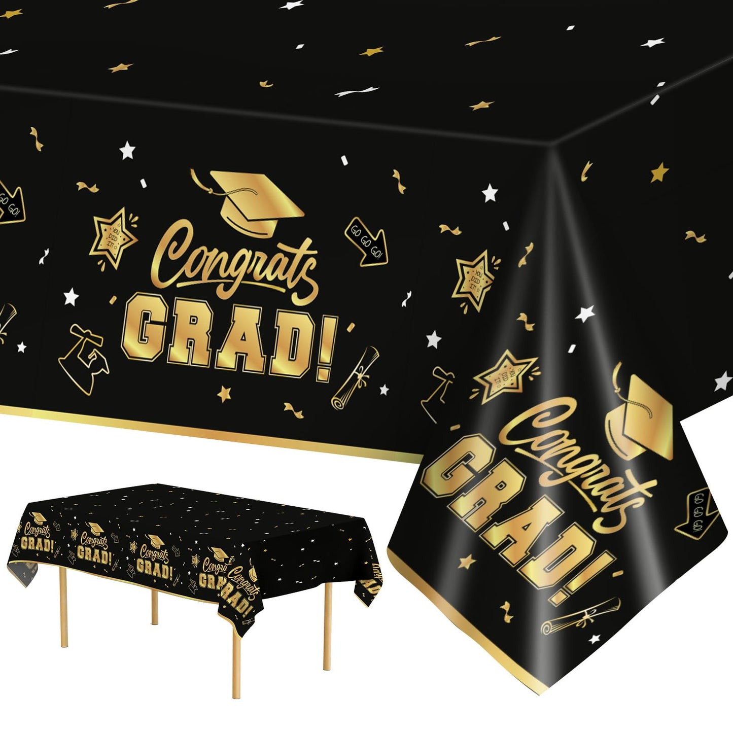 2 Pack Graduation Tablecloth - Congrats Grad Table Cloths, Plastic Disposable Rectangle Black Gold Class of 2025 Table Cover for Graduation Tables Decorations Party Decor Supplies Favors,108 x 54 Inch