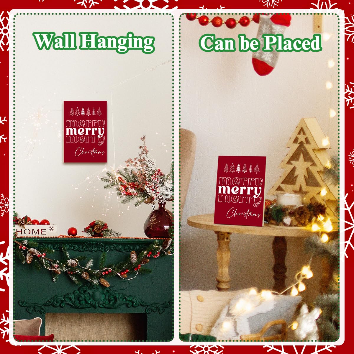 Merry Christmas Signs for Wall Decorations - Red Wood Tabletop Decor for Table, Desk, Mantle, Shelf - Wall Art for Party - Wood Hanging Signs for Kitchen - JK0383