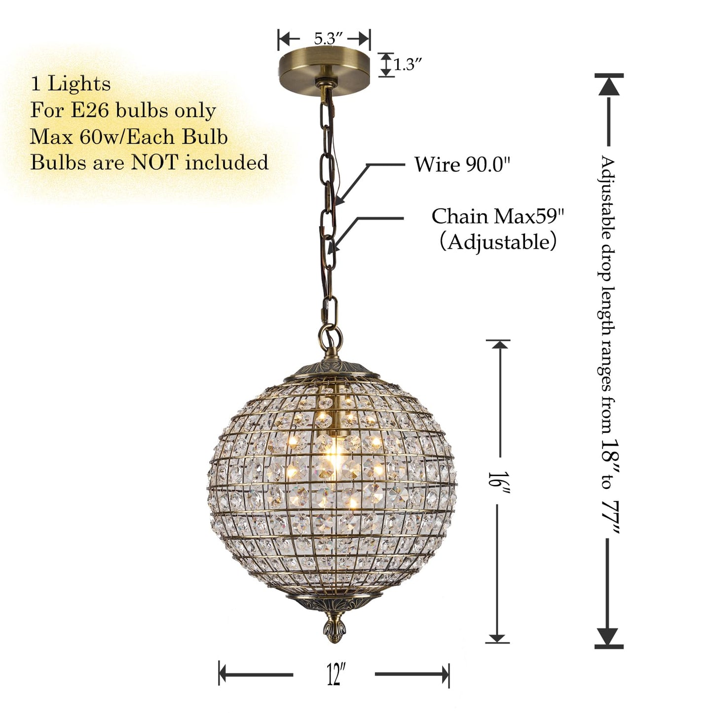 Macarena Gold Vintage Crystal Globe Chandelier 12" Round Antique Bronze Retro Pendant Hanging Light Fixture for Dining Room Kitchen Island Bedroom Hallway Entryway Foyer Bathroom Closet